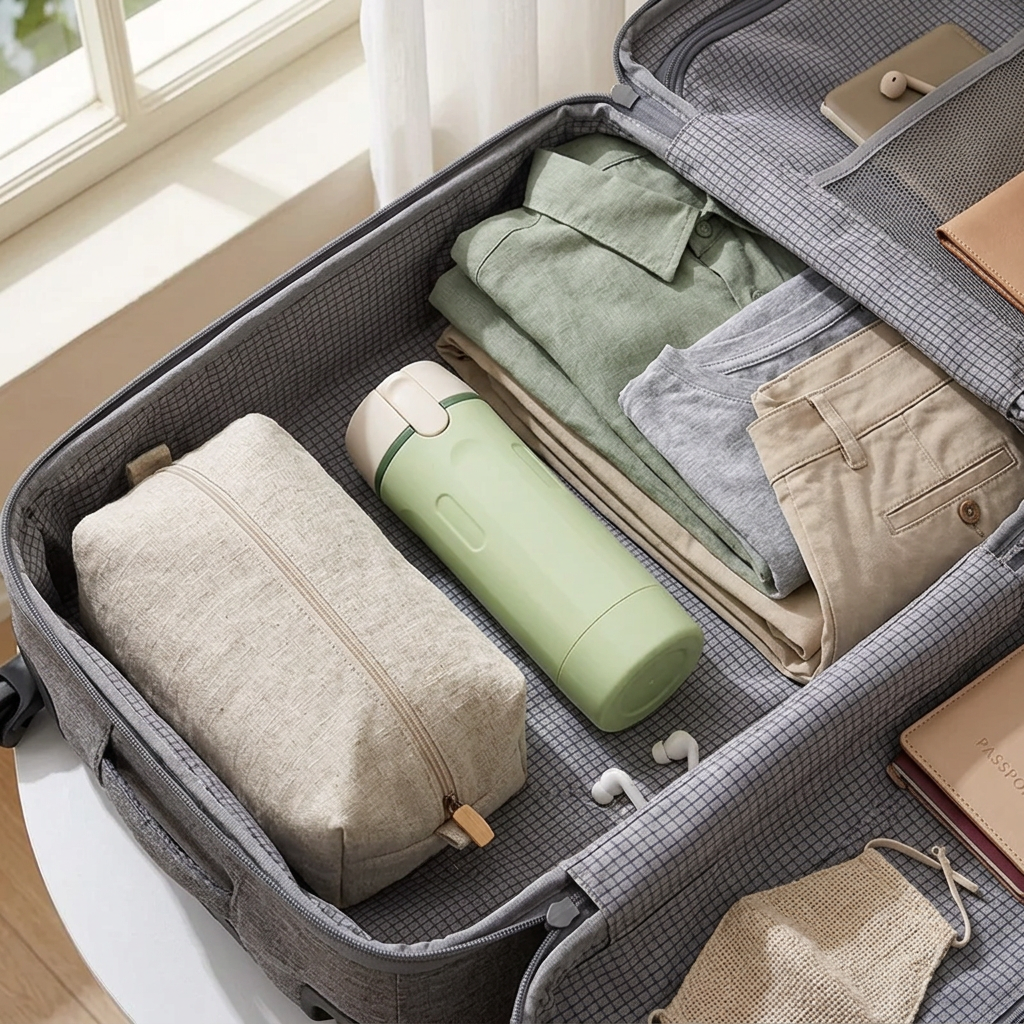 PackFour travel dispenser packed in a carry-on suitcase